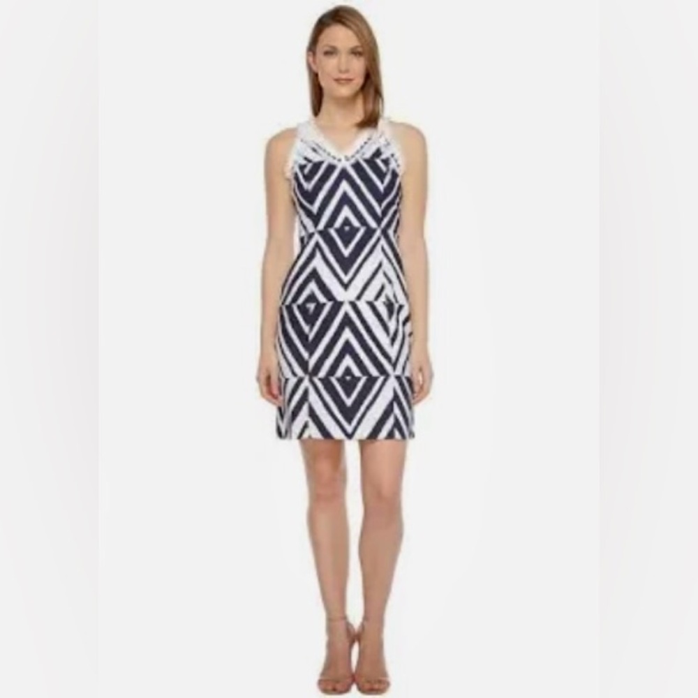 TAYLOR Jacquard Navy & White Cotton Dress sz 6 - Picture 1 of 12